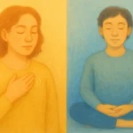 Illustration comparing EFT (Emotional Freedom Techniques) on the left and meditation on the right, representing different mindfulness practices.