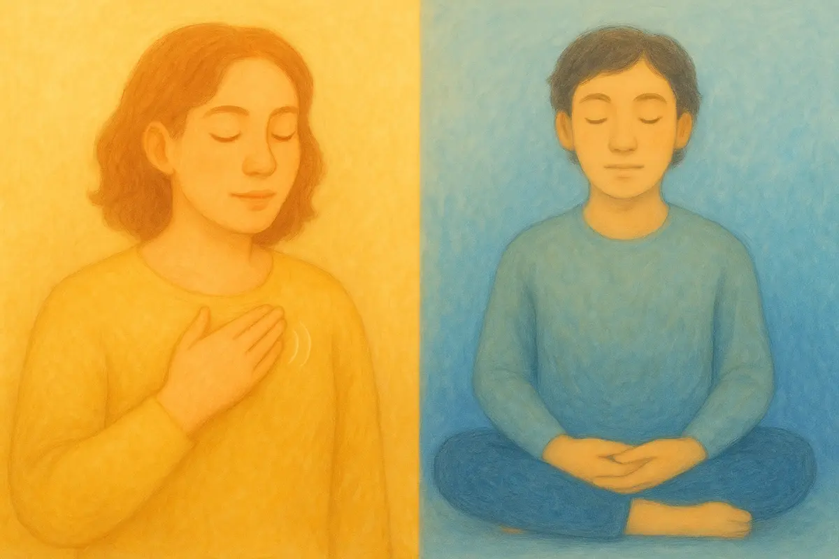 Illustration comparing EFT (Emotional Freedom Techniques) on the left and meditation on the right, representing different mindfulness practices.