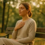 A woman with eyes closed sits on a park bench, hand over her chest, embodying peaceful self-soothing or EFT tapping for stress relief.