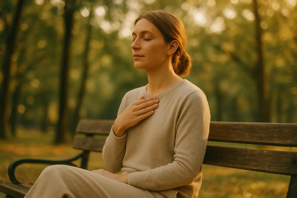 A woman with eyes closed sits on a park bench, hand over her chest, embodying peaceful self-soothing or EFT tapping for stress relief.