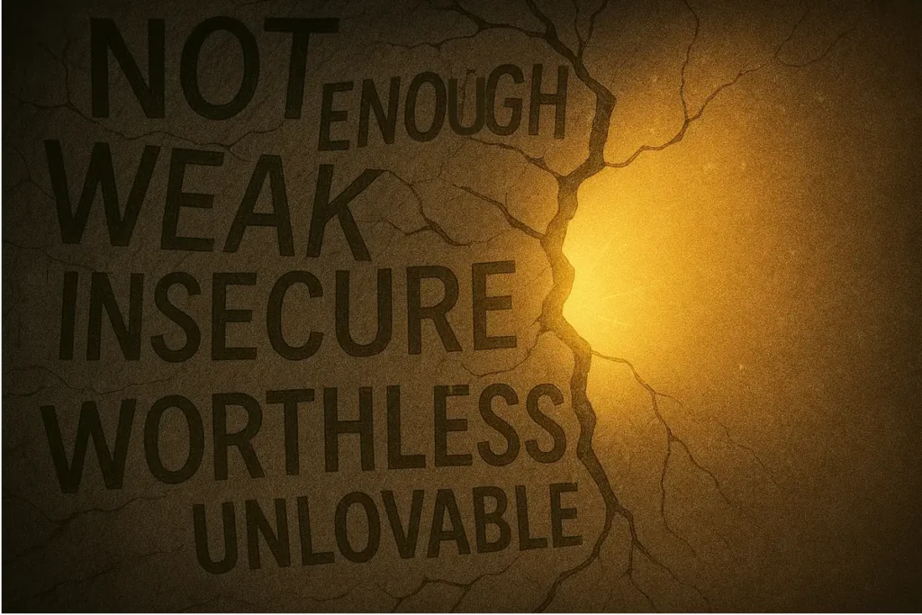 Illustration of dark, jagged self-critical words cracking open as golden light streams through, symbolizing the release of the inner critic and the rise of self-worth.