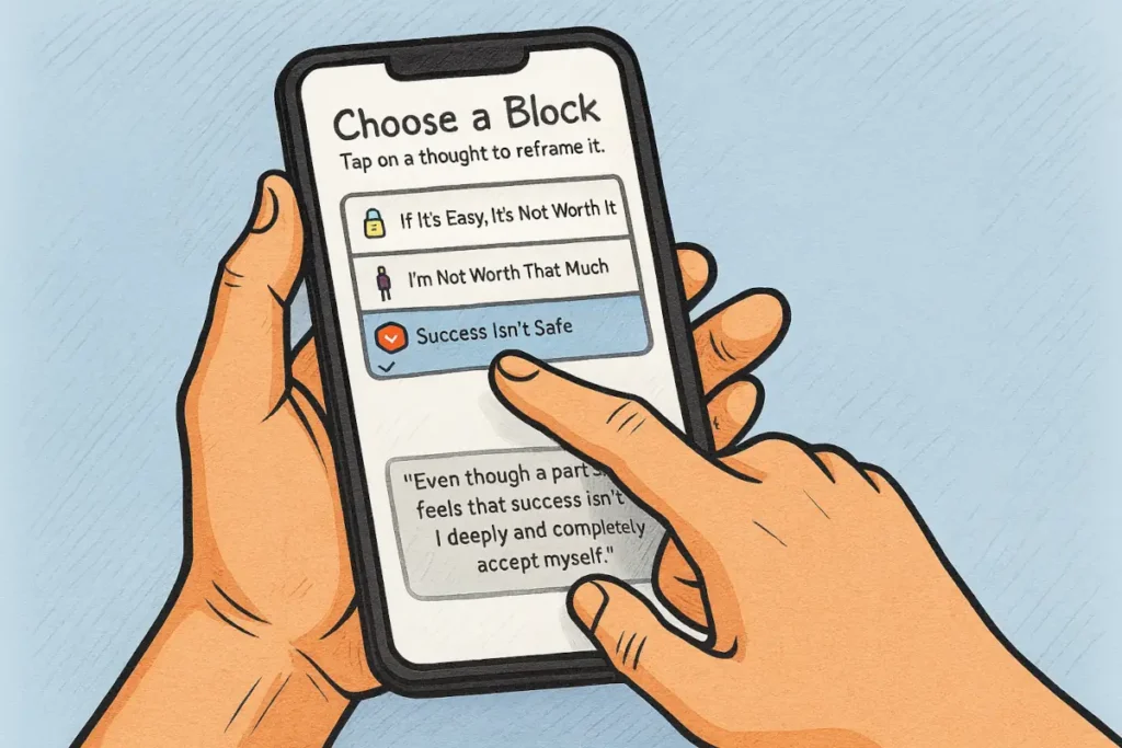 Smartphone showing 3 money block notifications with swipeable EFT scripts: 'Even though money feels unsafe...' and tapping point diagram