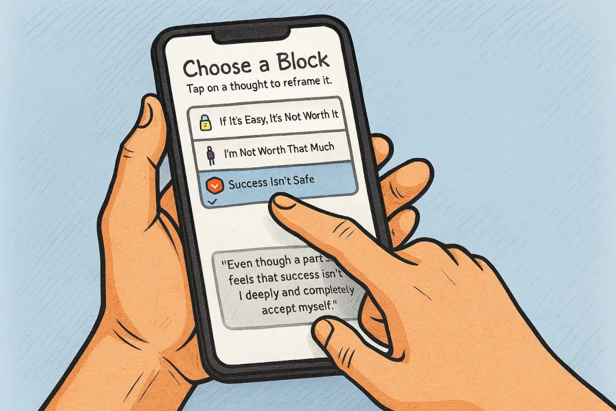 Smartphone showing 3 money block notifications with swipeable EFT scripts: 'Even though money feels unsafe...' and tapping point diagram