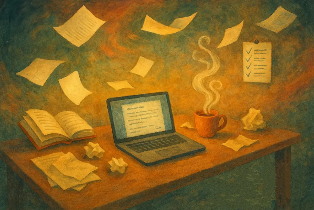 A writer's desk in a state of creative progress, with an open laptop, crumpled notes, and a cup of tea, symbolizing the messy work of overcoming writer's block.