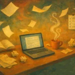 A writer's desk in a state of creative progress, with an open laptop, crumpled notes, and a cup of tea, symbolizing the messy work of overcoming writer's block.