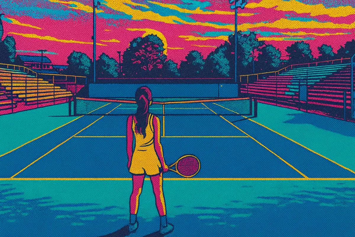 Teenage female tennis player frozen mid-play, showing visible stress and hesitation reliving a high-pressure match on an empty court.