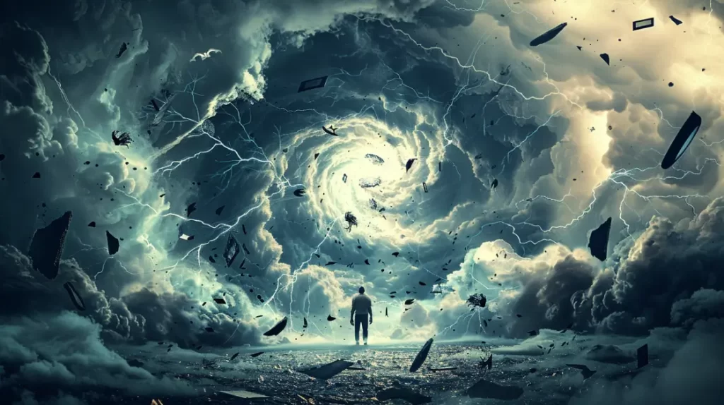 A lone figure stands before a chaotic storm of swirling clouds, lightning, and debris, symbolizing emotional turmoil, challenges, and the need for clarity amidst chaos.