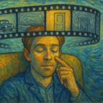 A Van Gogh–style illustration of the EFT Silent Movie Technique showing a person sitting peacefully with eyes closed, tapping on their face while a glowing filmstrip of muted memory scenes hovers above their head.