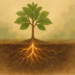 An illustration of a hand holding a sapling with new, glowing roots connecting to deeper, older roots, symbolizing how to find core issues with EFT.