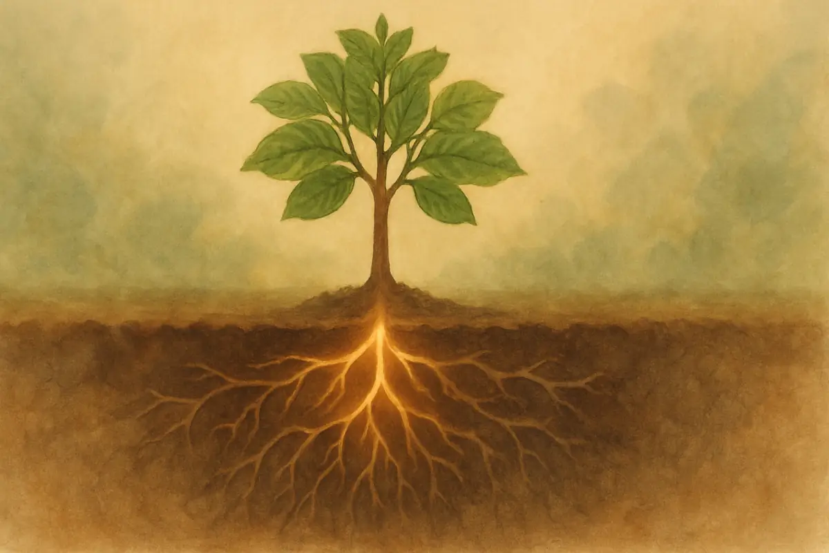An illustration of a hand holding a sapling with new, glowing roots connecting to deeper, older roots, symbolizing how to find core issues with EFT.