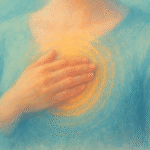 Hand placed gently on the chest over a glowing heart area, symbolizing emotional healing, safety, and inner awareness.