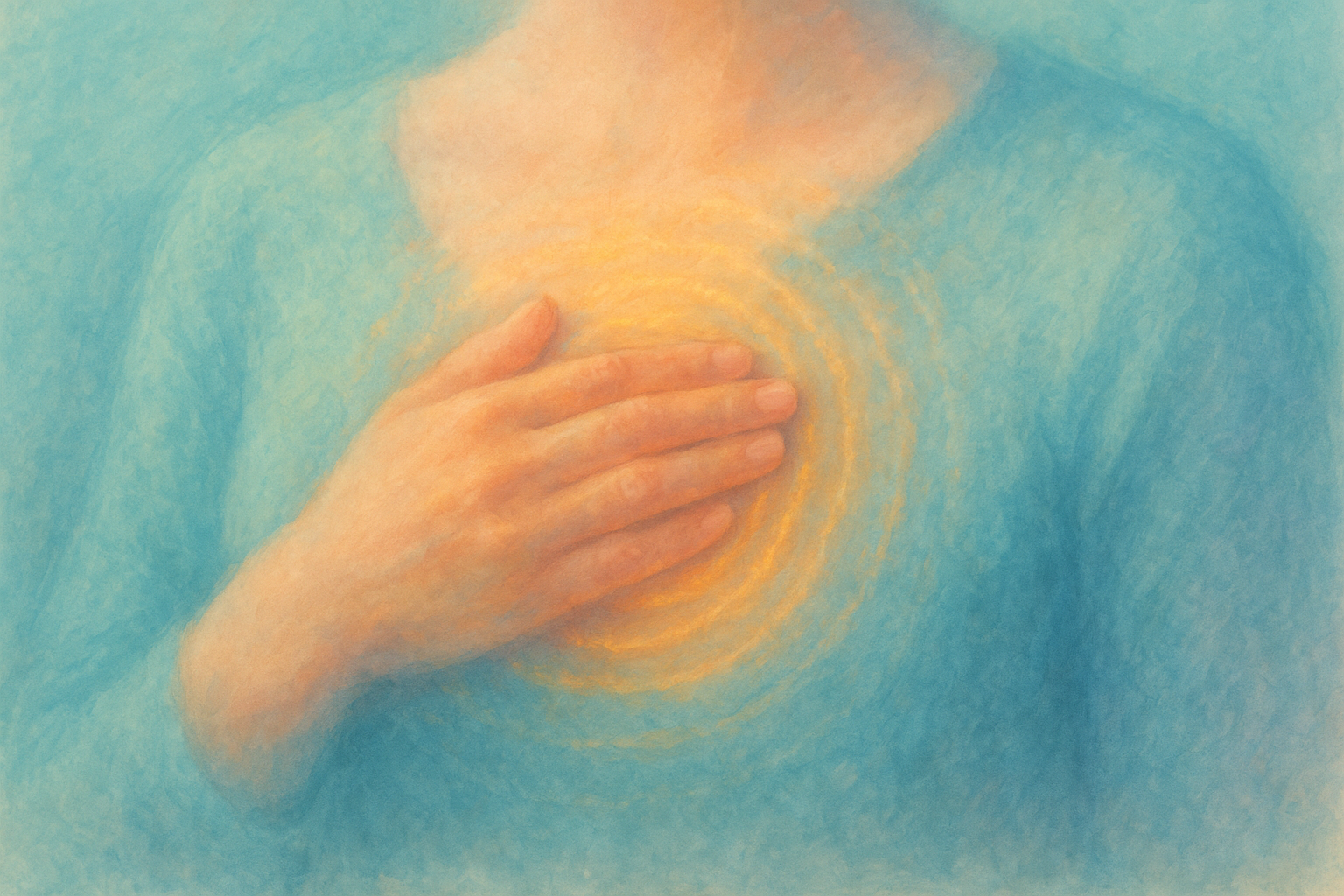 Hand placed gently on the chest over a glowing heart area, symbolizing emotional healing, safety, and inner awareness.