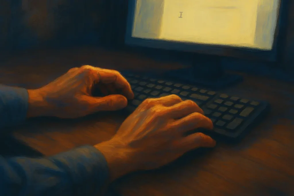 A man's hands resting over a keyboard, bathed in the warm glow of a computer screen before he taps for resistance for his procrastination.