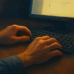 A man's hands resting over a keyboard, bathed in the warm glow of a computer screen before he taps for resistance for his procrastination.