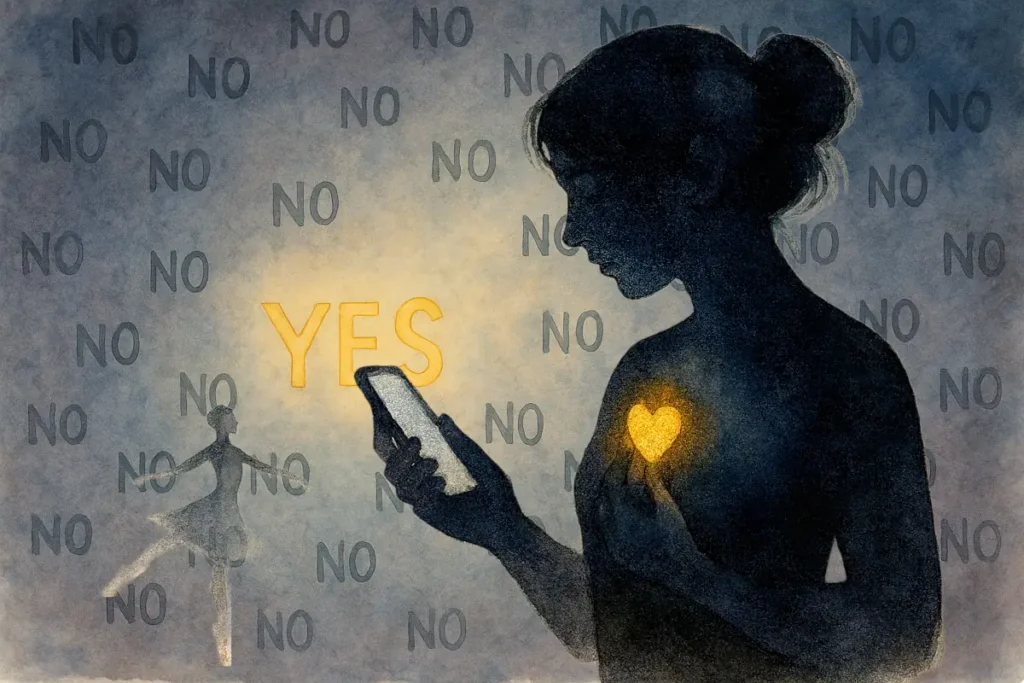 A woman's silhouette holds a glowing phone while pressing her tender spot tapping point, where her heart glows golden amidst a rain of "NO"s, showing resilience against rejection.