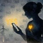 A woman's silhouette holds a glowing phone while pressing her tender spot tapping point, where her heart glows golden amidst a rain of "NO"s, showing resilience against rejection.