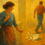 Impressionist painting of a startled woman at a kitchen sink as a plate shatters on the floor behind her, with a coworker walking away.