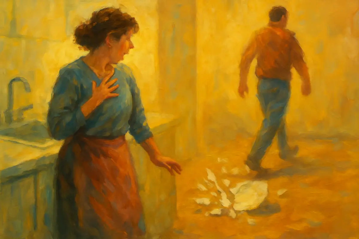 Impressionist painting of a startled woman at a kitchen sink as a plate shatters on the floor behind her, with a coworker walking away.