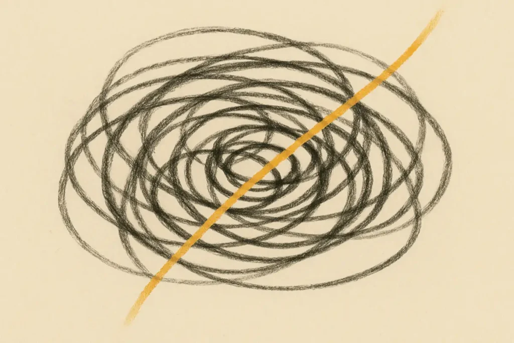 Abstract spiral of dark tangled lines with a single golden thread cutting through, symbolizing EFT breaking the stress cycle