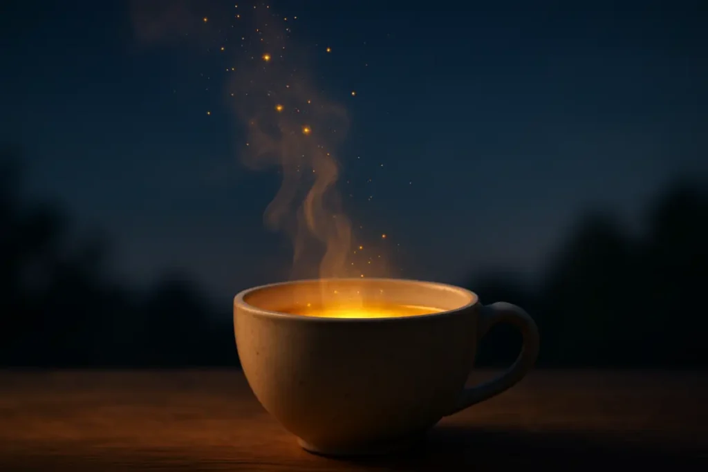 Ceramic teacup in soft evening light with golden, shimmering steam rising into the air, symbolizing stress transforming into vitality.