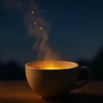 Ceramic teacup in soft evening light with golden, shimmering steam rising into the air, symbolizing stress transforming into vitality.