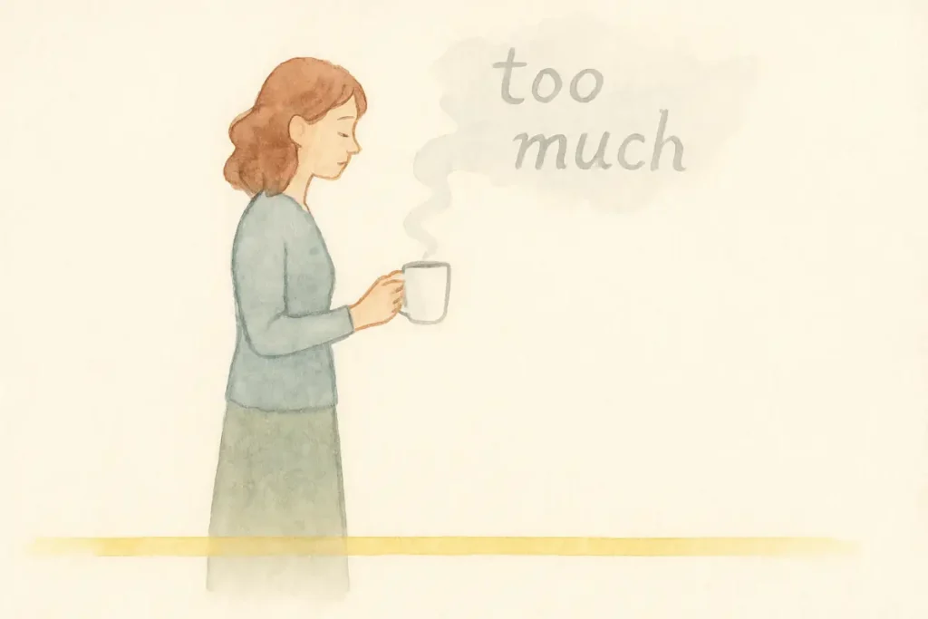 A watercolor illustration of a woman fading at the edges, representing the fear of being 'too much,' as steam from her coffee forms the words 'too much' and dissipates.