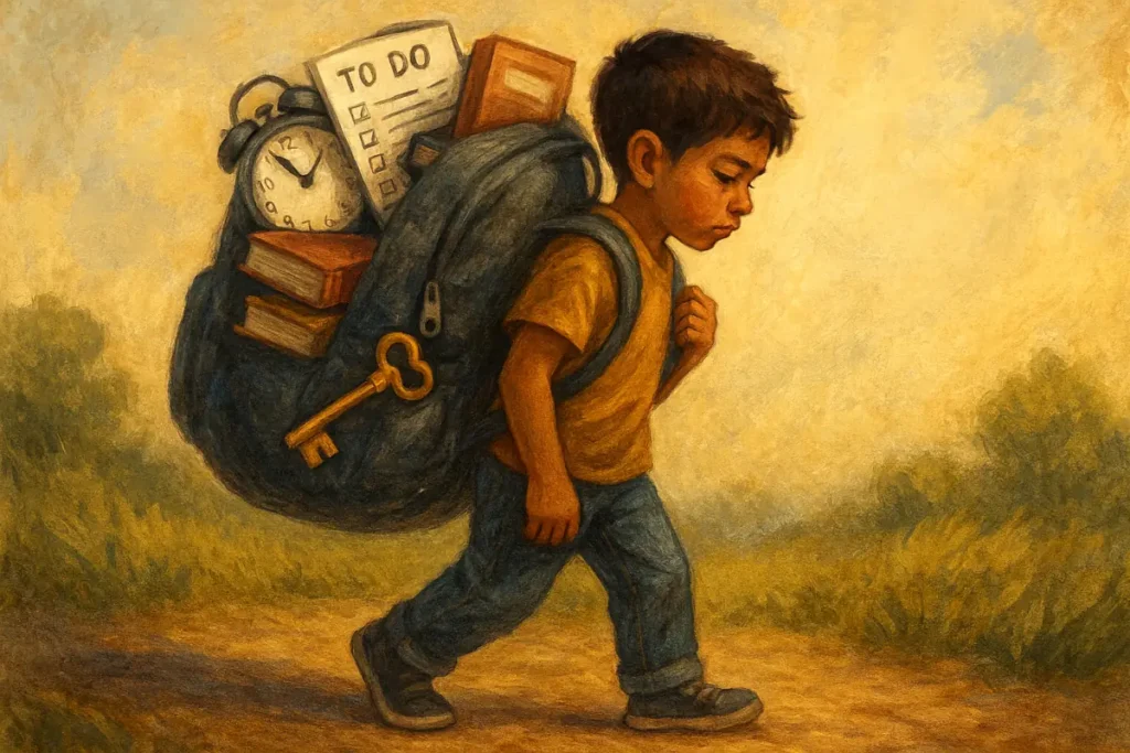 child carrying an oversized backpack filled with symbolic items like clocks, books, and to-do lists, representing the burden of early responsibility.