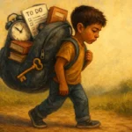 child carrying an oversized backpack filled with symbolic items like clocks, books, and to-do lists, representing the burden of early responsibility.
