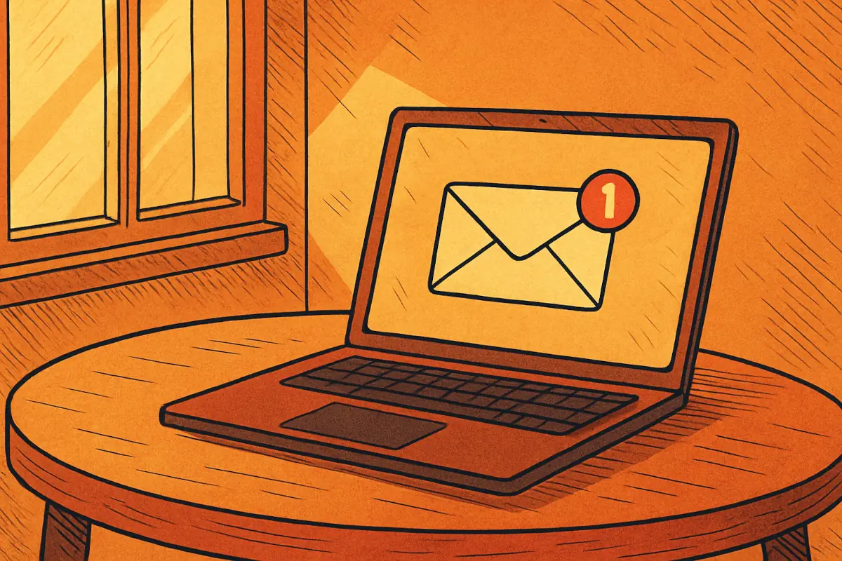 Cartoon-style illustration of a laptop on a warm-toned wooden table, displaying an unopened email notification in sunlight.