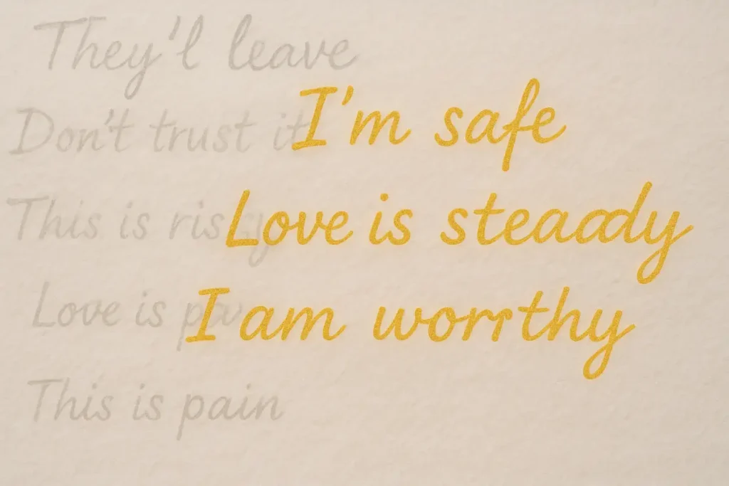 Handwritten phrases fading from gray into gold, replacing words like “They’ll leave” with affirmations such as “I’m safe” and “Love is steady.