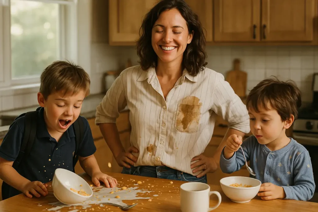 Mother smiling in a messy morning kitchen with spilled cereal, a stained shirt, and one child still in pajamas.
