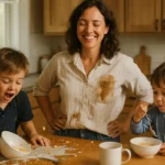 Mother smiling in a messy morning kitchen with spilled cereal, a stained shirt, and one child still in pajamas.