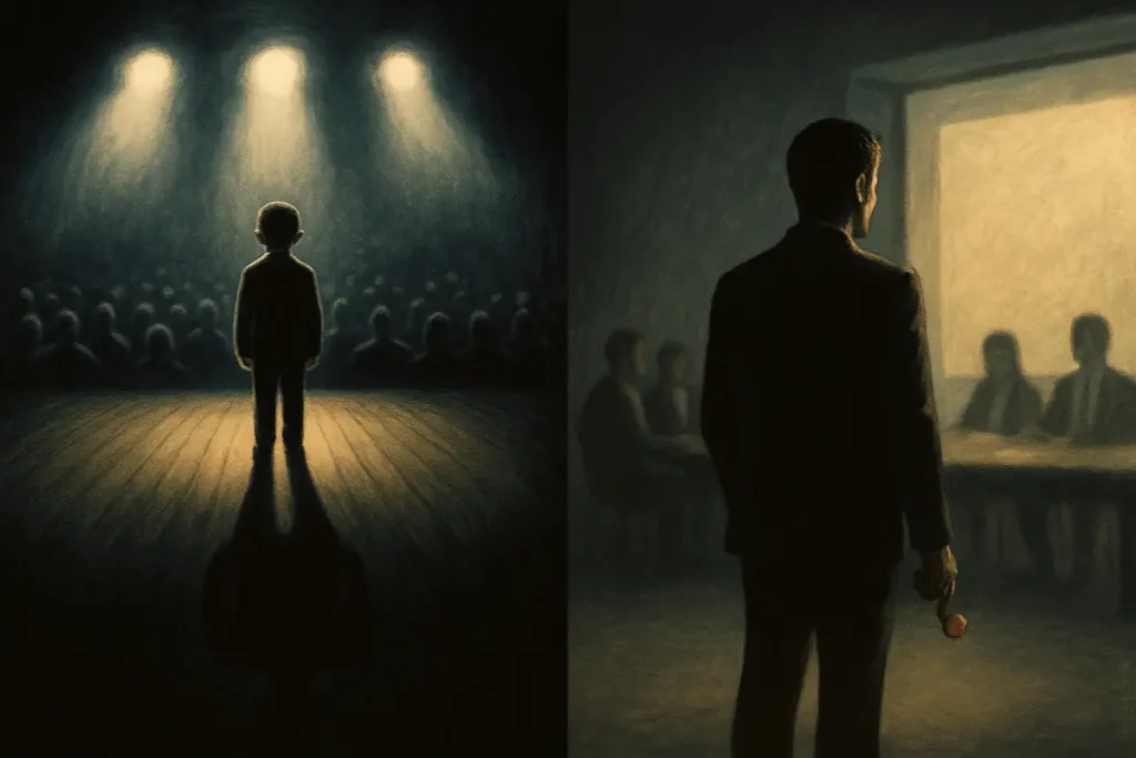 Split-image illustration of a man confronting public speaking anxiety: a boy frozen on stage under spotlights (past trauma) mirrored by an adult standing steady in a boardroom (present growth)."