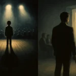 Split-image illustration of a man confronting public speaking anxiety: a boy frozen on stage under spotlights (past trauma) mirrored by an adult standing steady in a boardroom (present growth)."