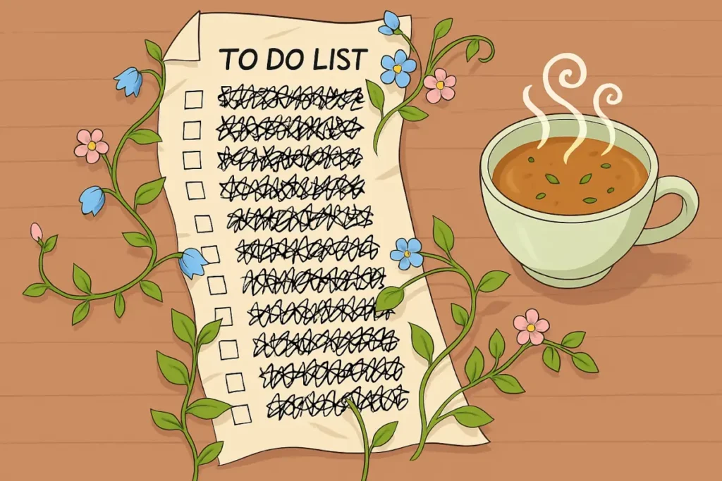 A cartoon drawing of a long, crumpled to-do list filled with overwhelming scribbles sits next to a calming, steaming mug of tea, symbolizing the choice to rest instead of work.
