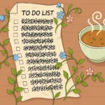 A cartoon drawing of a long, crumpled to-do list filled with overwhelming scribbles sits next to a calming, steaming mug of tea, symbolizing the choice to rest instead of work.