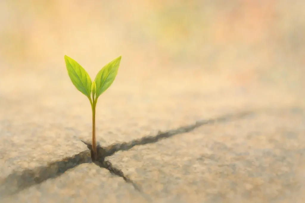 Small green plant emerging through a crack in stone, symbolizing resilience and rebuilding self-trust after betrayal.