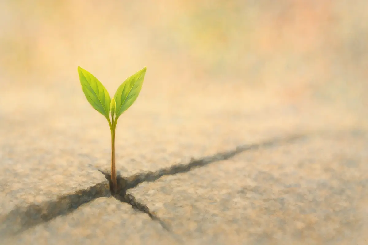 Small green plant emerging through a crack in stone, symbolizing resilience and rebuilding self-trust after betrayal.