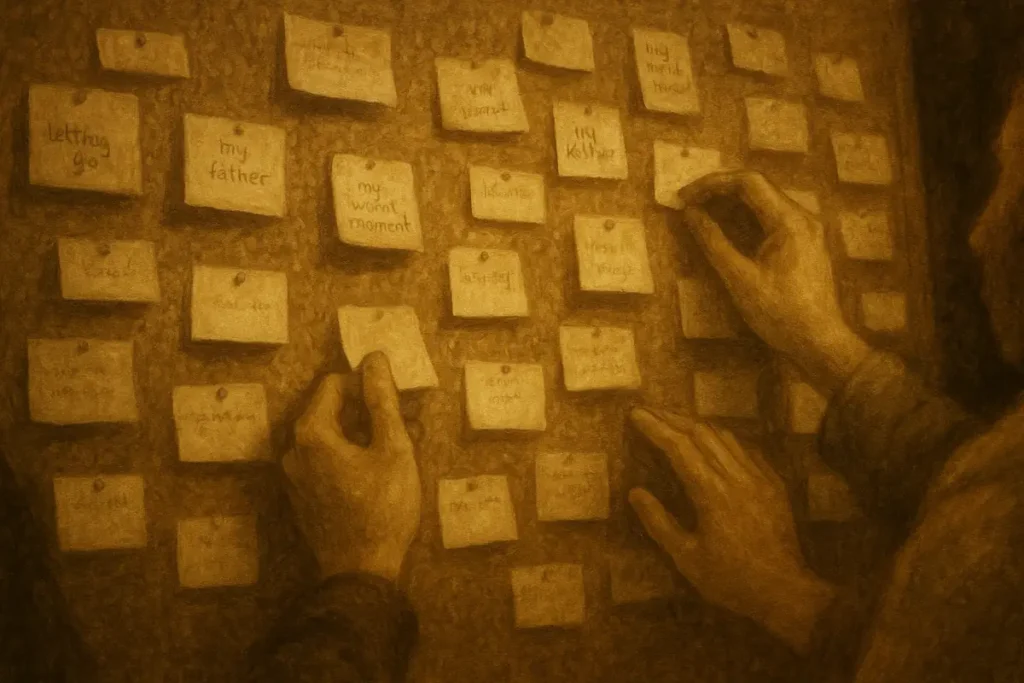 Sepia-toned image of a corkboard covered in overlapping handwritten notes mirroring the “What I’m Not Ready For Yet” board from the story’s community center scene, with two people’s hands gently interacting.