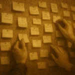 Sepia-toned image of a corkboard covered in overlapping handwritten notes mirroring the “What I’m Not Ready For Yet” board from the story’s community center scene, with two people’s hands gently interacting.