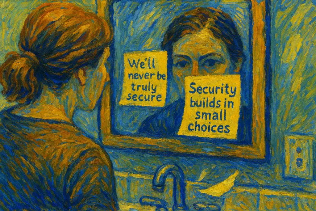 Painting of a woman’s reflection in a bathroom mirror with two sticky notes — one reads “We’ll never be truly secure,” the other, “Security builds in small choices.”