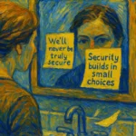 Painting of a woman’s reflection in a bathroom mirror with two sticky notes — one reads “We’ll never be truly secure,” the other, “Security builds in small choices.”