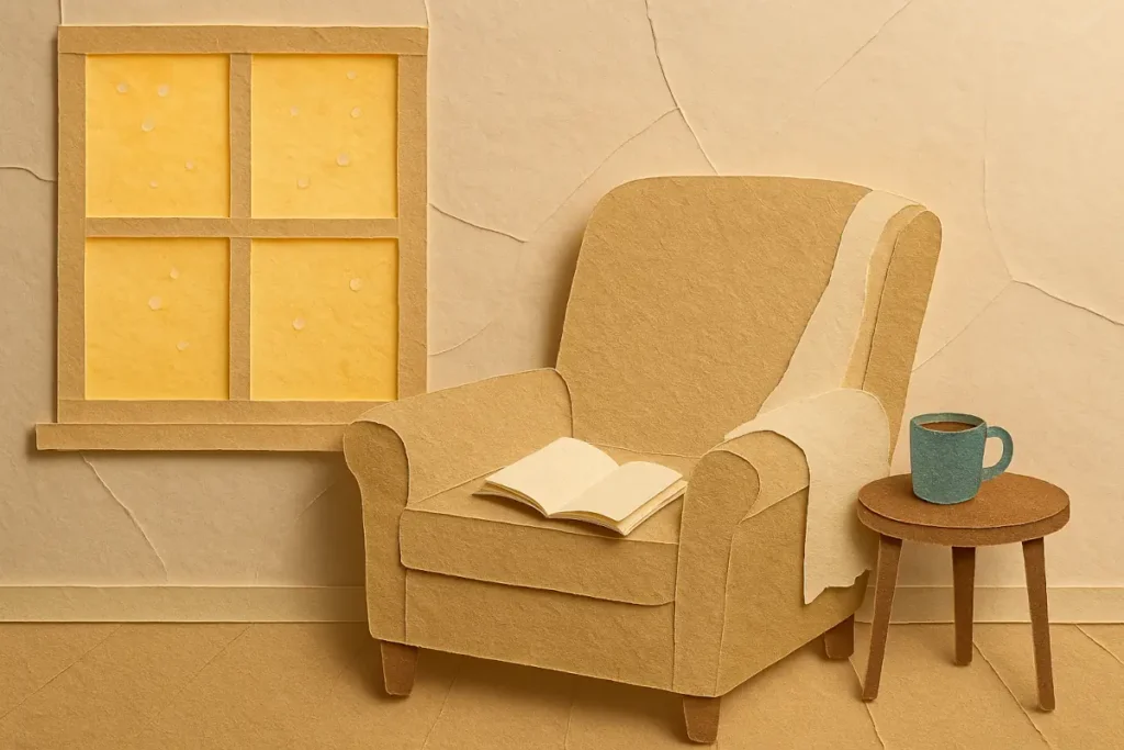 A cozy beige armchair by a sunlit window with a blanket draped over the arm and an open book resting on the seat, suggesting interrupted rest.