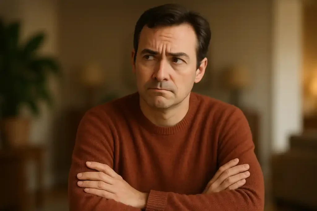 Middle-aged male veteran sitting in a therapist’s office, hearing about tapping on acupressure points during an EFT session, being skeptical about the EFT process.