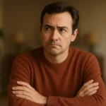 Middle-aged male veteran sitting in a therapist’s office, hearing about tapping on acupressure points during an EFT session, being skeptical about the EFT process.