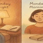 Split-scene illustration of Sunday night calm transitioning into Monday morning readiness, symbolizing relief from Sunday Scaries through tapping.