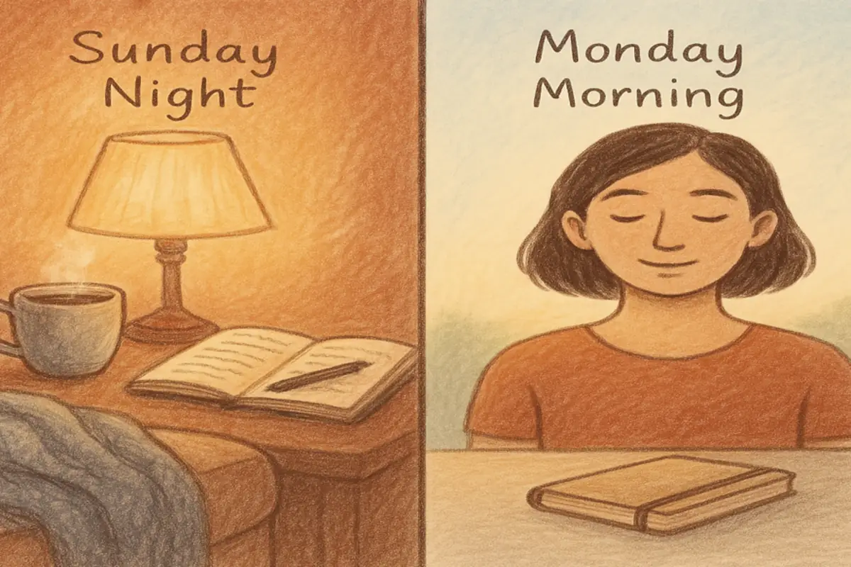 Split-scene illustration of Sunday night calm transitioning into Monday morning readiness, symbolizing relief from Sunday Scaries through tapping.