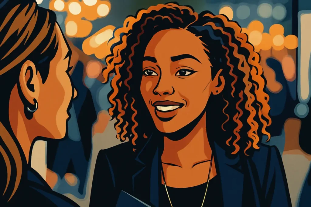 A speaker looking calm and deservedly confident while having a validating conversation with an attendee after her keynote, showing the positive outcome of overcoming imposter syndrome.