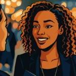 A speaker looking calm and deservedly confident while having a validating conversation with an attendee after her keynote, showing the positive outcome of overcoming imposter syndrome.