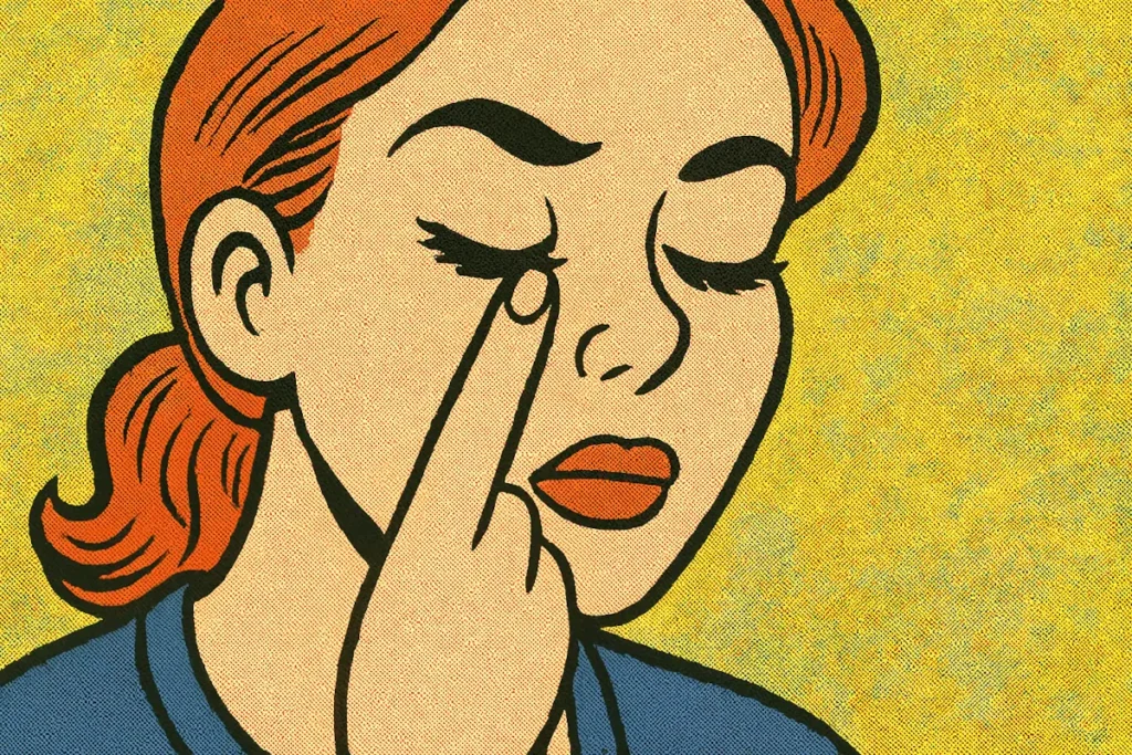 Illustration of a woman with eyes closed, tapping under her right eye.